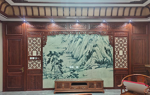 新竹镇中式仿古别墅客厅背景墙花格木作装饰